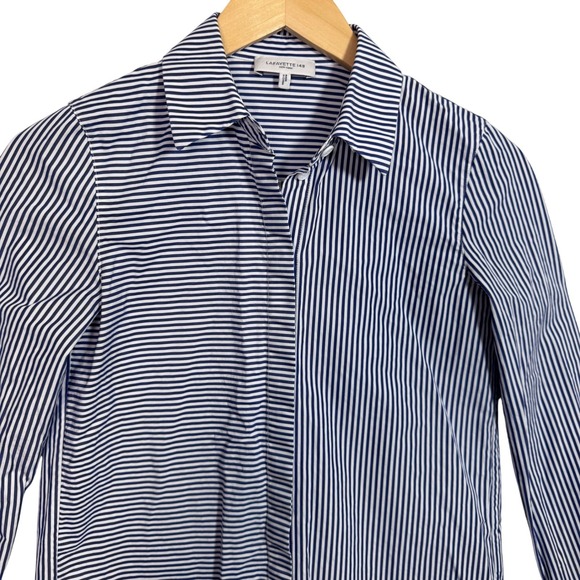Lafayette 148 Womens Shirt XXS‎ Button Down Long Sleeve Striped Blue Tailored - Picture 2 of 9